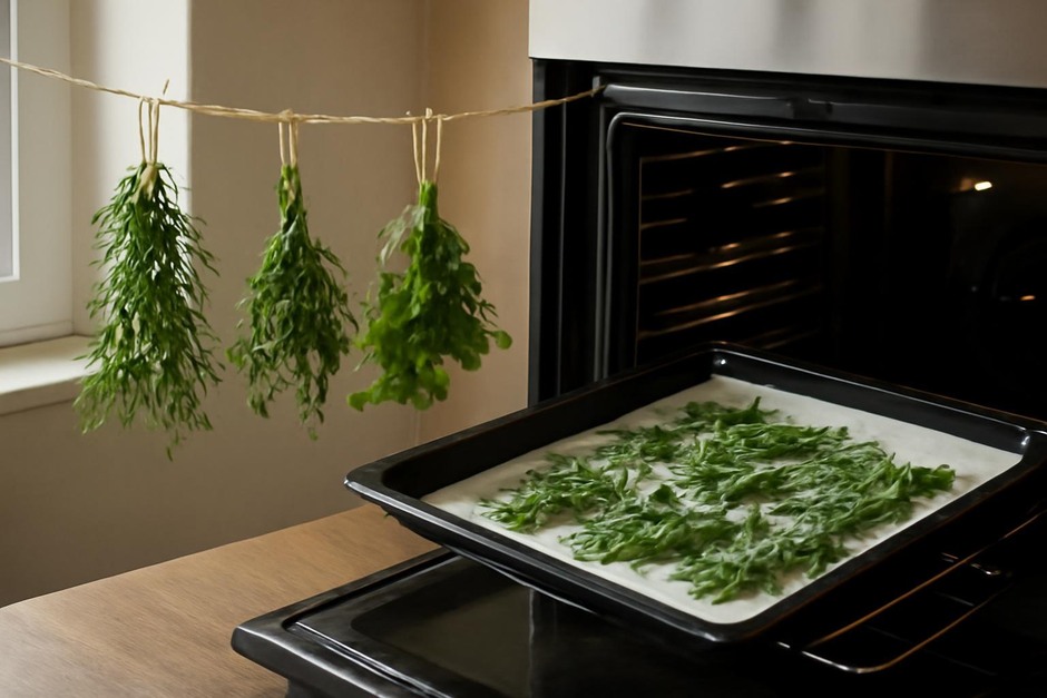 Bundles of fresh herbs hanging to dry and a baking tray with herbs in the oven