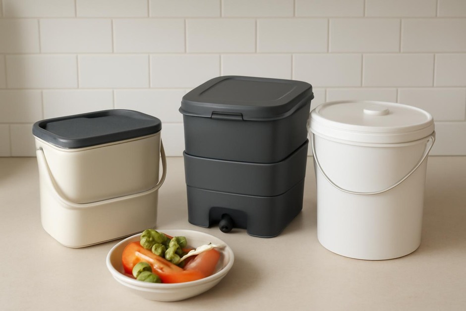 Three small countertop compost solutions: a caddy with charcoal lid, a compact worm bin, and a sealed fermenting bucket
