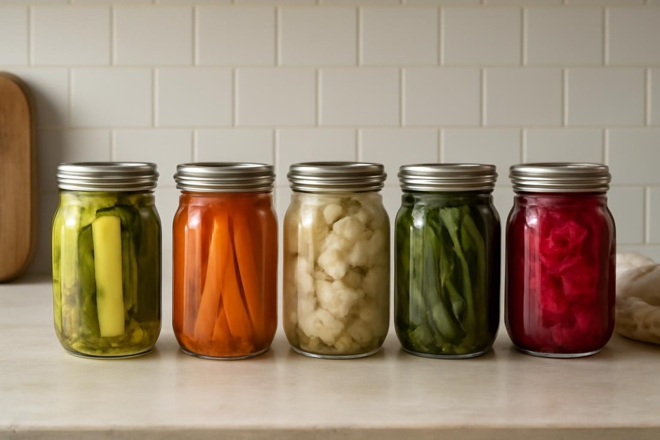 Jars of pickled vegetables on a kitchen counter
