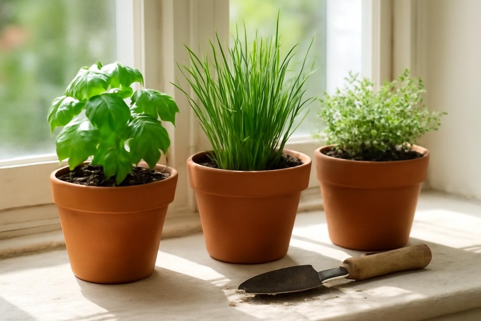 Three small pots of basil, chives, and thyme on a sunny windowsill